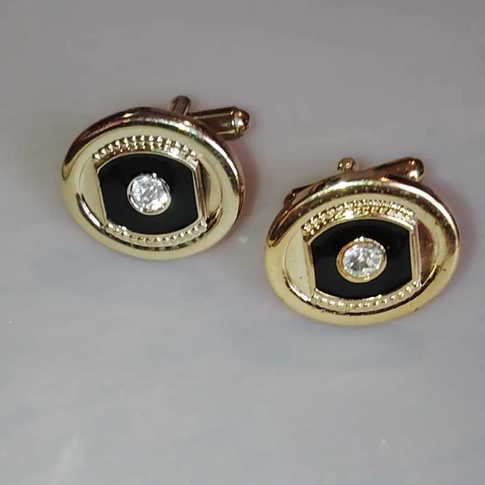 Vintage Black Enamel and Rhinestone Gold Tone Cuff Links